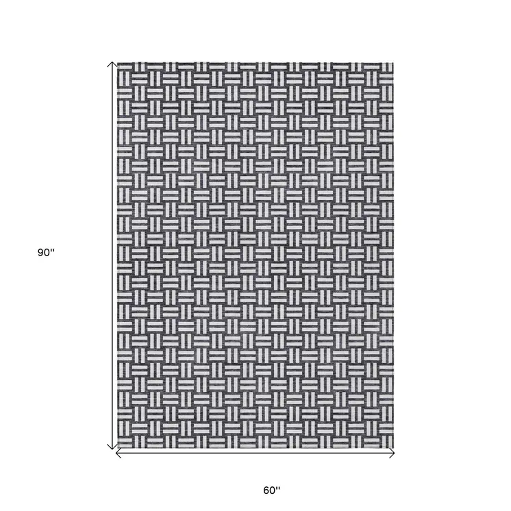 5' X 8' Black And Ivory Geometric Washable Indoor Outdoor Area Rug
