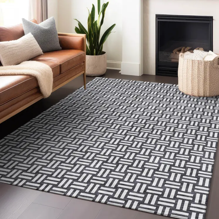 5' X 8' Black And Ivory Geometric Washable Indoor Outdoor Area Rug