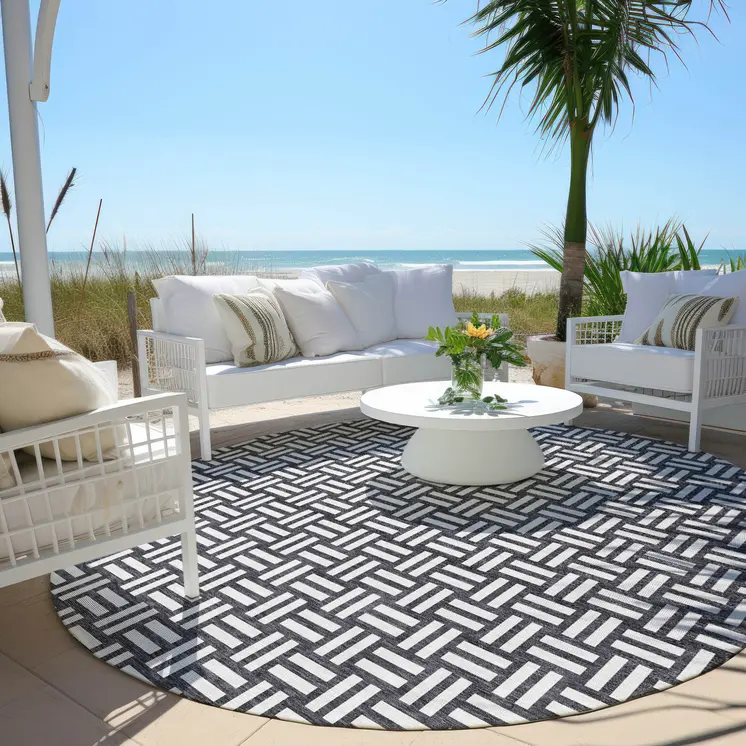 8' Black And Ivory Round Geometric Washable Indoor Outdoor Area Rug