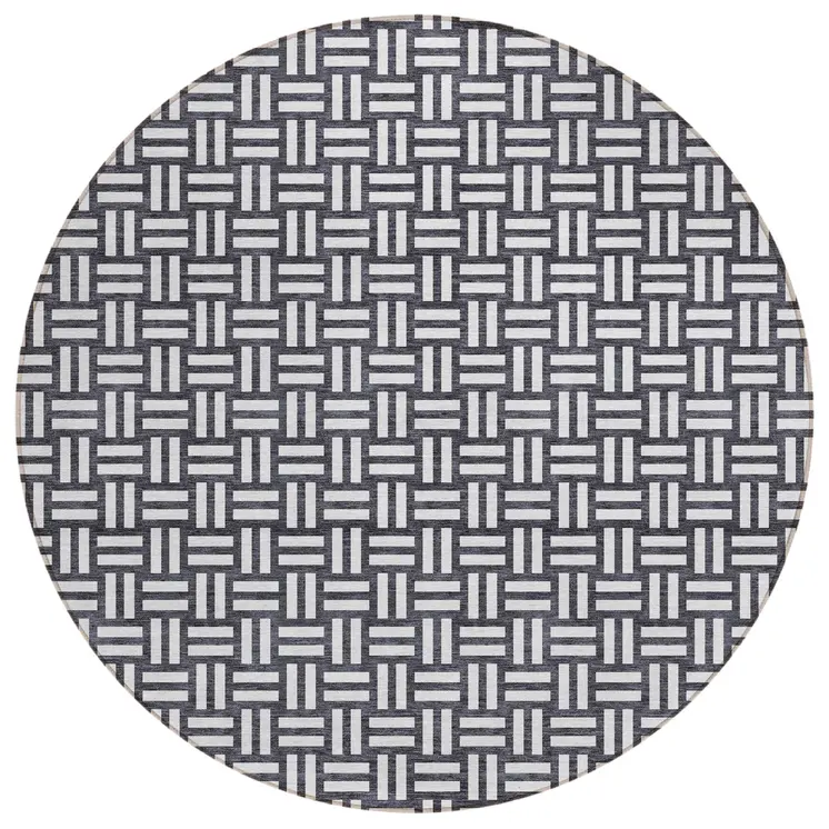 8' Black And Ivory Round Geometric Washable Indoor Outdoor Area Rug