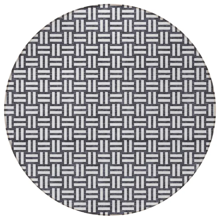 8' Black And Ivory Round Geometric Washable Indoor Outdoor Area Rug