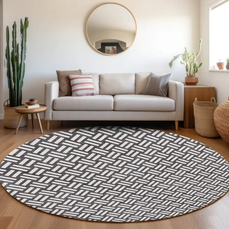 8' Black And Ivory Round Geometric Washable Indoor Outdoor Area Rug