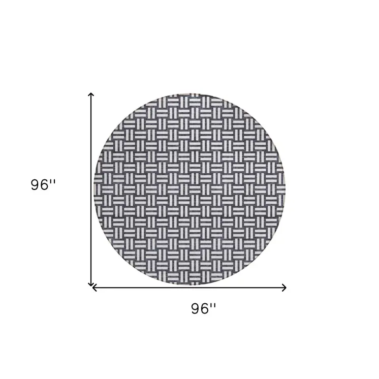 8' Black And Ivory Round Geometric Washable Indoor Outdoor Area Rug