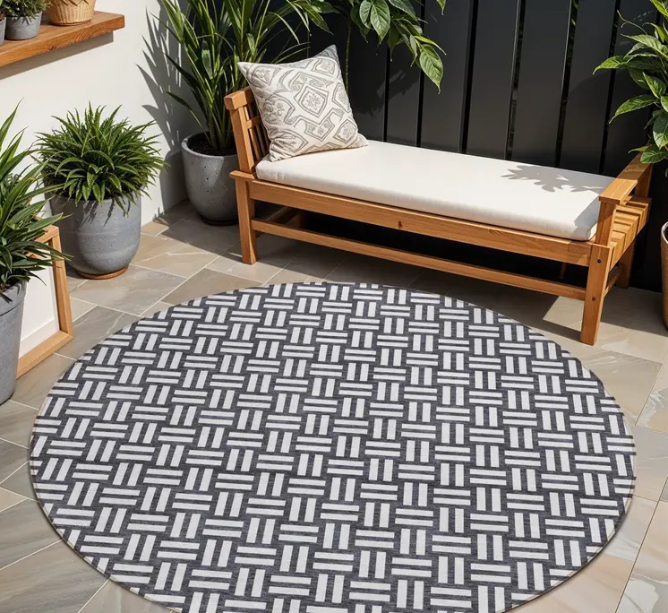 8' Black And Ivory Round Geometric Washable Indoor Outdoor Area Rug