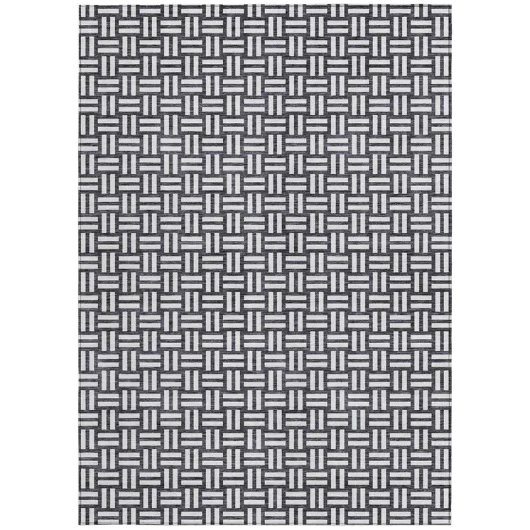 8' X 10' Black And Ivory Geometric Washable Indoor Outdoor Area Rug