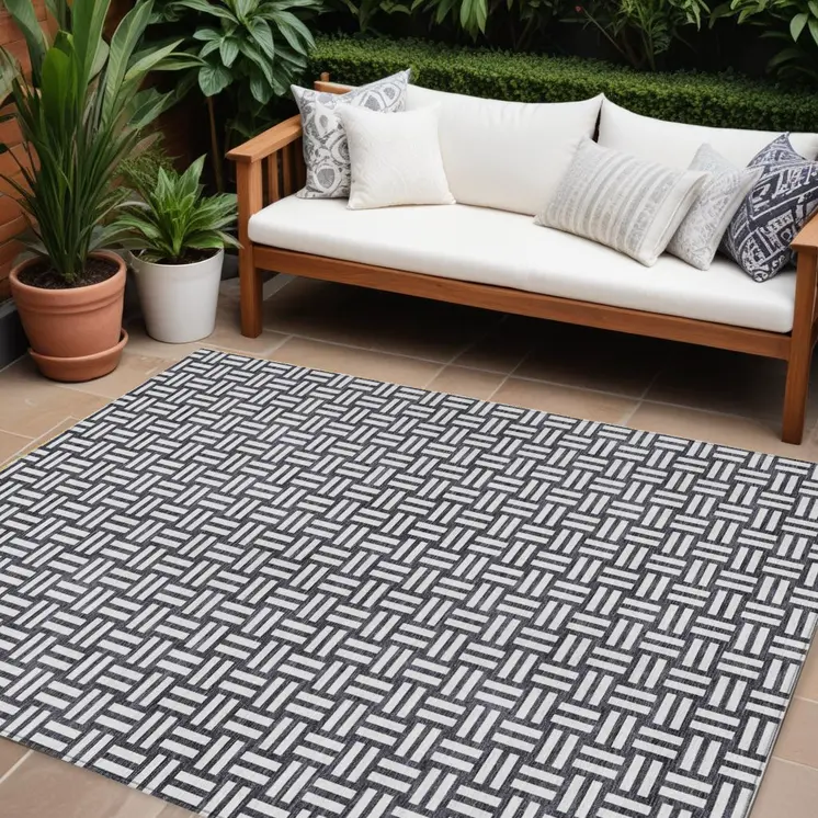8' X 10' Black And Ivory Geometric Washable Indoor Outdoor Area Rug