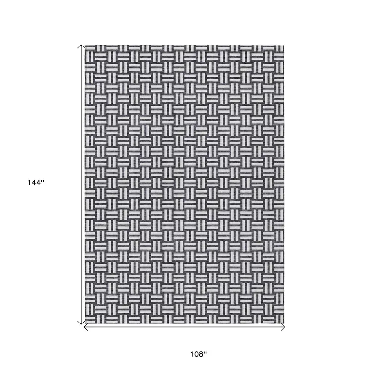 9' X 12' Black And Ivory Geometric Washable Indoor Outdoor Area Rug