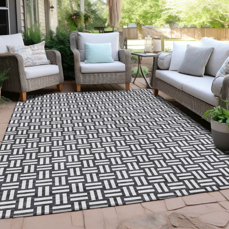 9' X 12' Black And Ivory Geometric Washable Indoor Outdoor Area Rug
