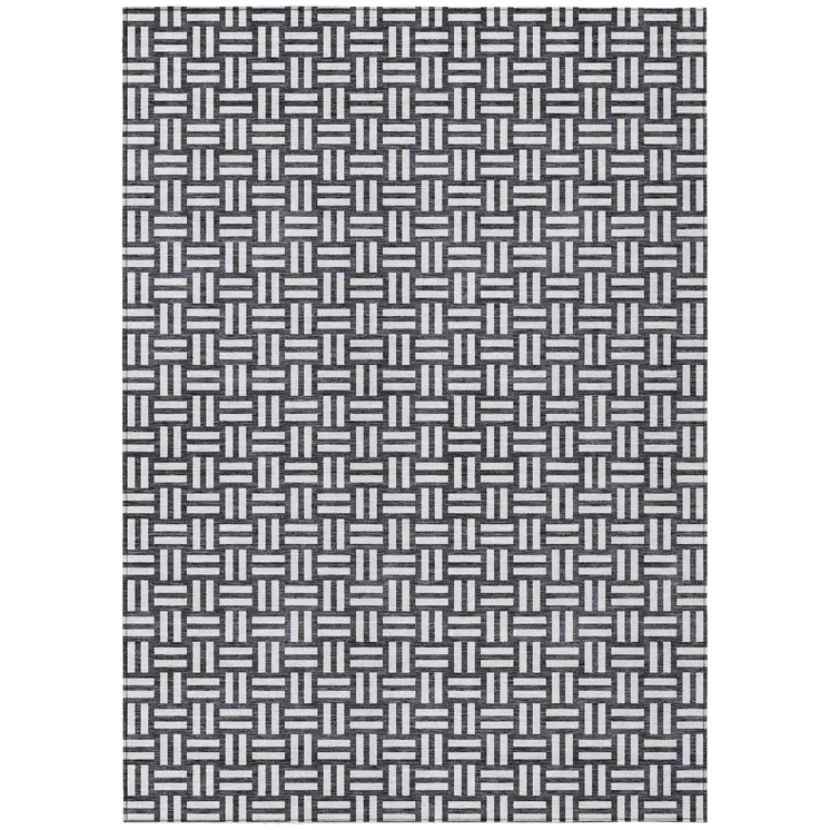 9' X 12' Black And Ivory Geometric Washable Indoor Outdoor Area Rug