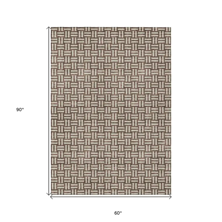 5' X 8' Brown And Beige Geometric Washable Indoor Outdoor Area Rug