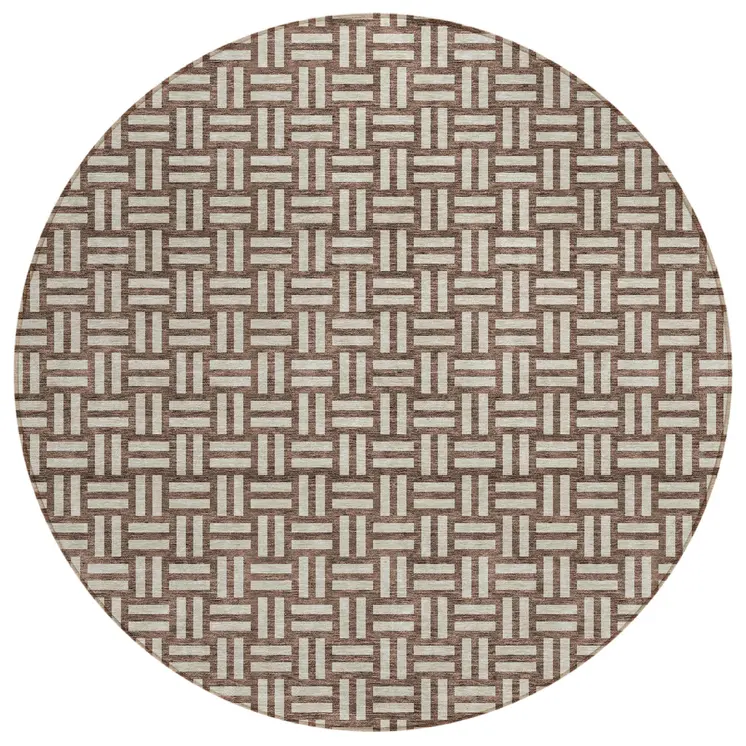 8' Brown And Beige Round Geometric Washable Indoor Outdoor Area Rug