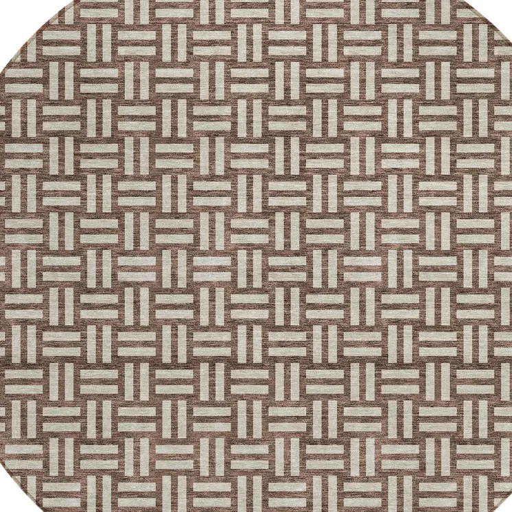 8' Brown And Beige Round Geometric Washable Indoor Outdoor Area Rug
