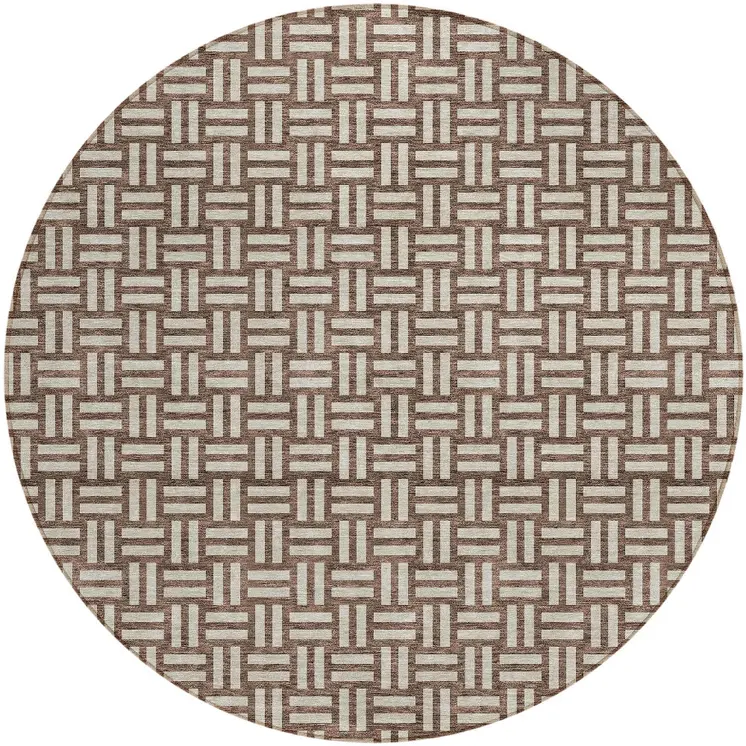 8' Brown And Beige Round Geometric Washable Indoor Outdoor Area Rug