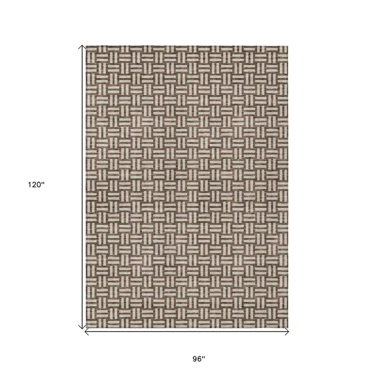 8' X 10' Brown And Beige Geometric Washable Indoor Outdoor Area Rug