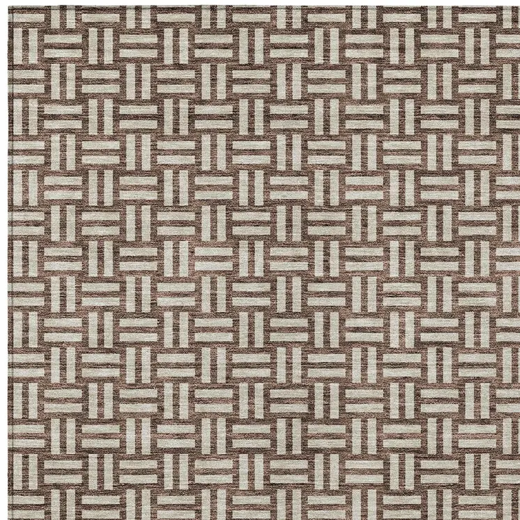 9' X 12' Brown And Beige Geometric Washable Indoor Outdoor Area Rug