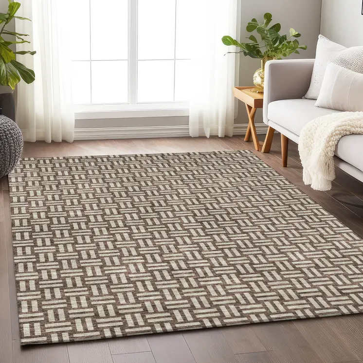 9' X 12' Brown And Beige Geometric Washable Indoor Outdoor Area Rug