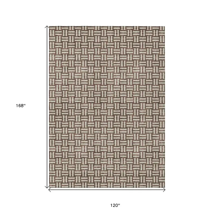 10' X 14' Brown And Beige Geometric Washable Indoor Outdoor Area Rug