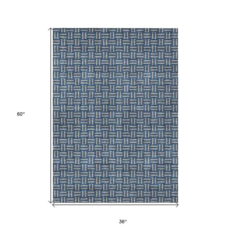 3' X 5' Blue And Gray Geometric Washable Indoor Outdoor Area Rug