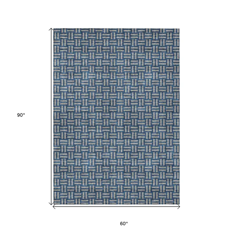 5' X 8' Blue And Gray Geometric Washable Indoor Outdoor Area Rug