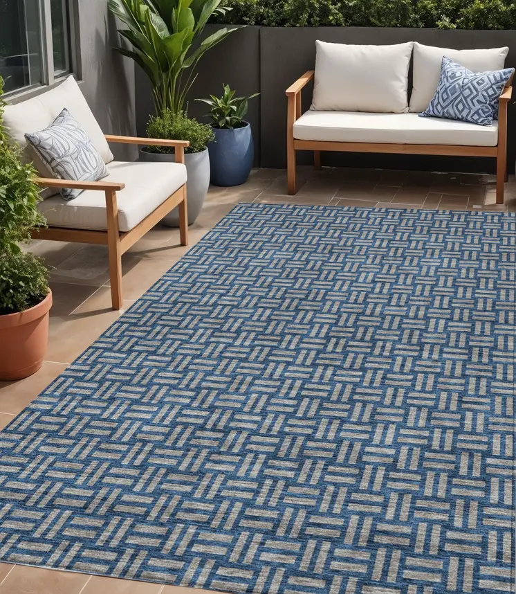5' X 8' Blue And Gray Geometric Washable Indoor Outdoor Area Rug