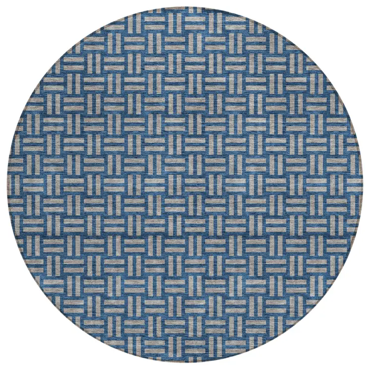 8' Blue And Gray Round Geometric Washable Indoor Outdoor Area Rug