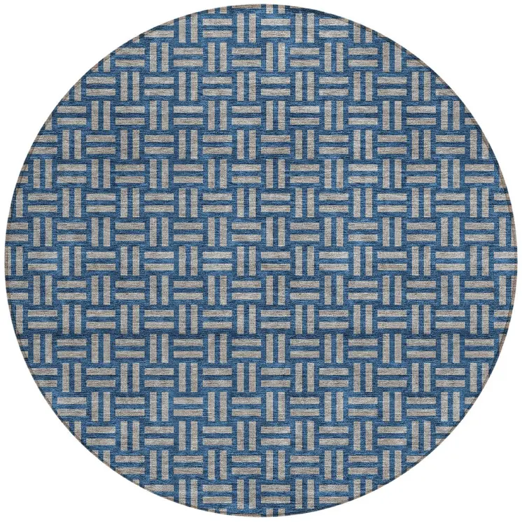 8' Blue And Gray Round Geometric Washable Indoor Outdoor Area Rug