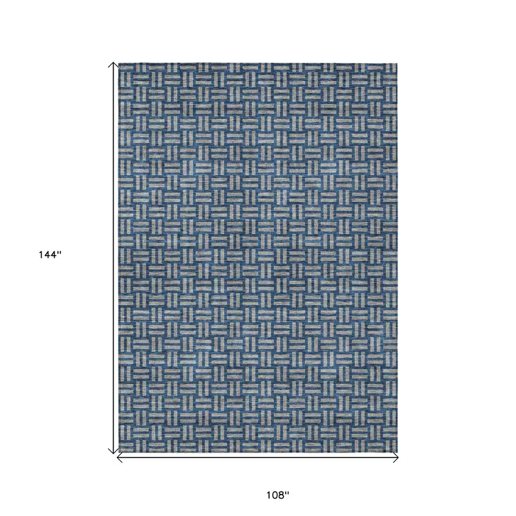 9' X 12' Blue And Gray Geometric Washable Indoor Outdoor Area Rug