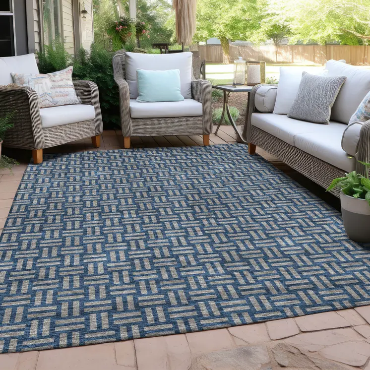 10' X 14' Blue And Gray Geometric Washable Indoor Outdoor Area Rug
