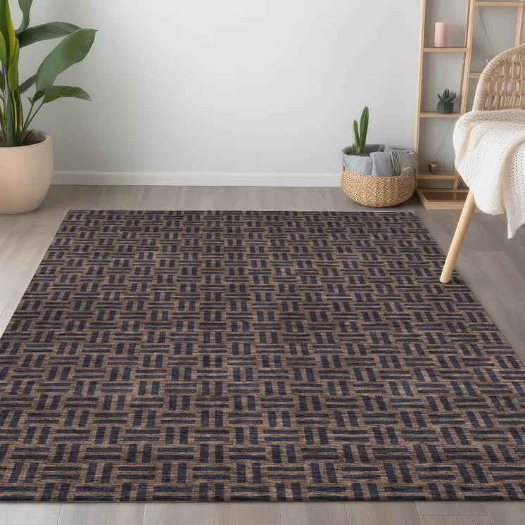 5' X 8' Chocolate And Black Geometric Washable Indoor Outdoor Area Rug