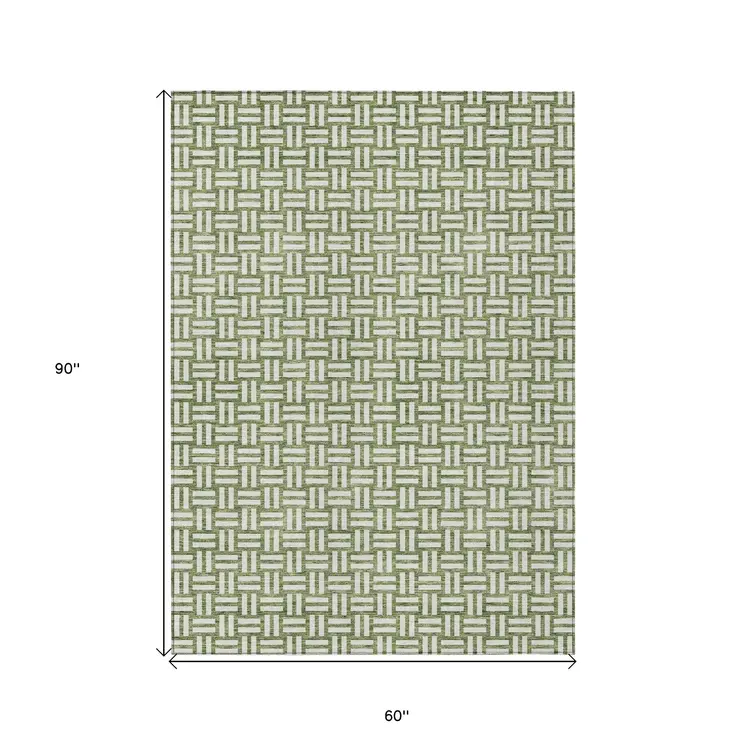 5' X 8' Green And Ivory Geometric Washable Indoor Outdoor Area Rug