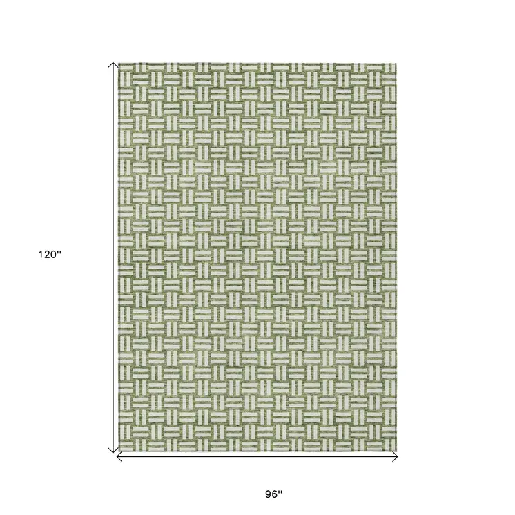 8' X 10' Green And Ivory Geometric Washable Indoor Outdoor Area Rug