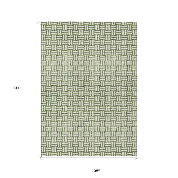 9' X 12' Green And Ivory Geometric Washable Indoor Outdoor Area Rug