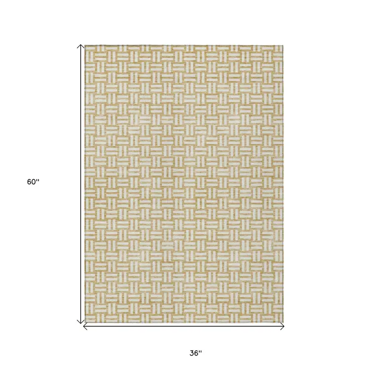 3' X 5' Gold And Beige Geometric Washable Indoor Outdoor Area Rug