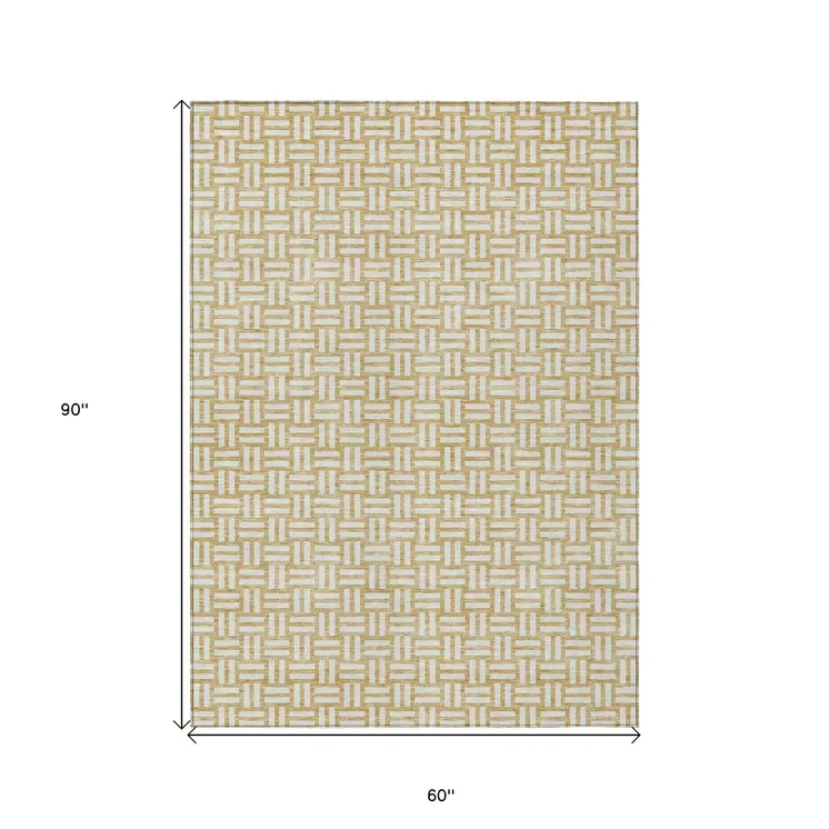 5' X 8' Gold And Beige Geometric Washable Indoor Outdoor Area Rug