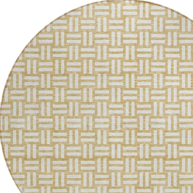 8' Gold And Beige Round Geometric Washable Indoor Outdoor Area Rug