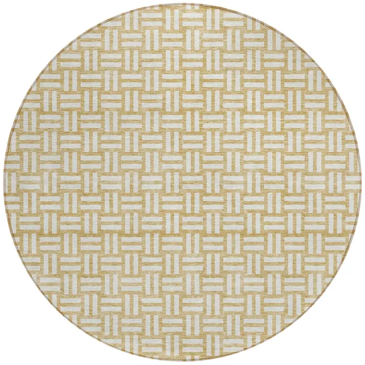 8' Gold And Beige Round Geometric Washable Indoor Outdoor Area Rug
