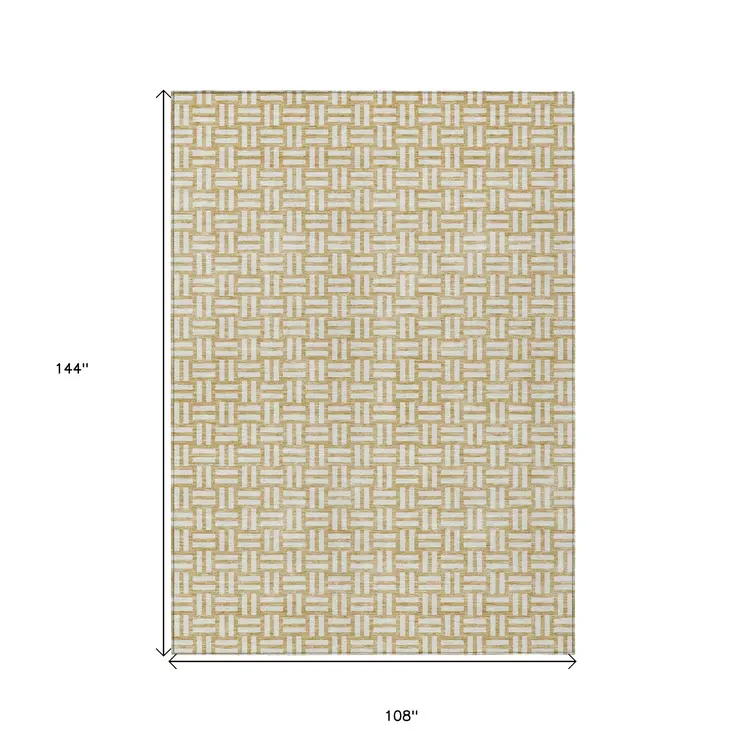 9' X 12' Gold And Beige Geometric Washable Indoor Outdoor Area Rug