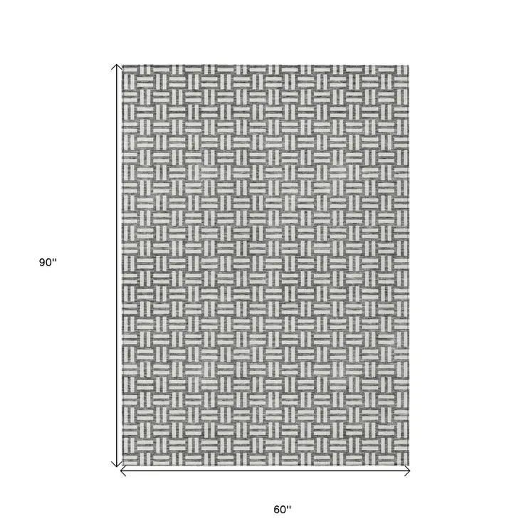 5' X 8' Gray And Ivory Geometric Washable Indoor Outdoor Area Rug