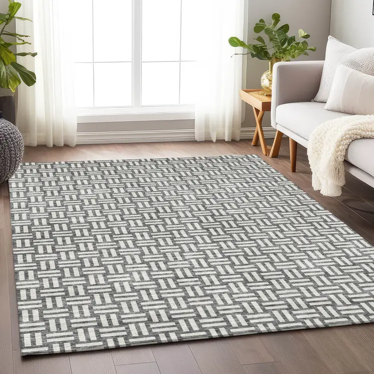 5' X 8' Gray And Ivory Geometric Washable Indoor Outdoor Area Rug