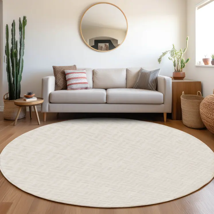 8' Ivory And Beige Round Geometric Washable Indoor Outdoor Area Rug