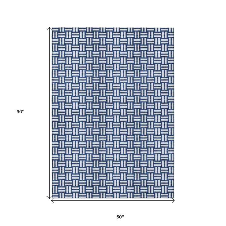 5' X 8' Navy Blue And Ivory Geometric Washable Indoor Outdoor Area Rug