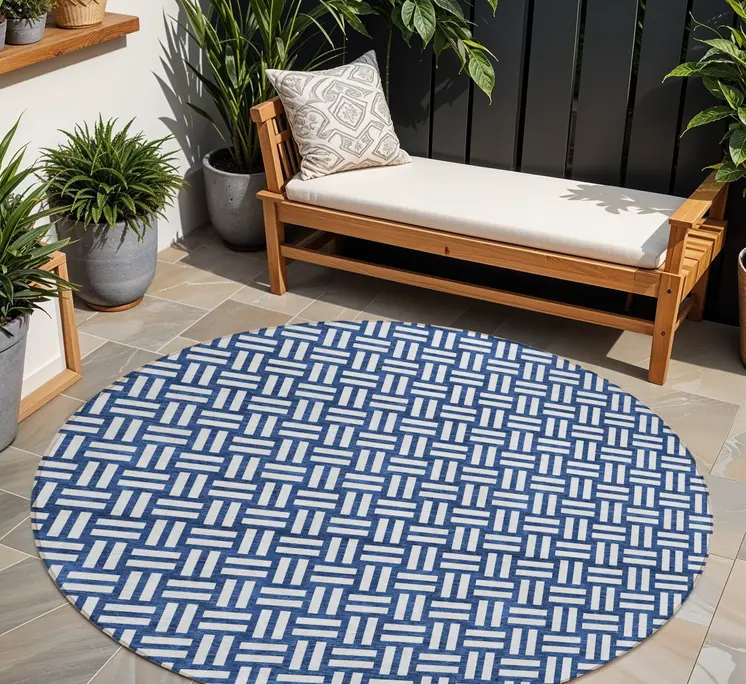 8' Navy Blue And Ivory Round Geometric Washable Indoor Outdoor Area Rug