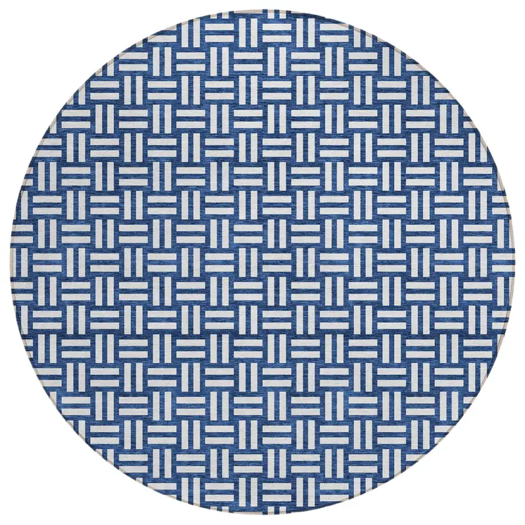 8' Navy Blue And Ivory Round Geometric Washable Indoor Outdoor Area Rug
