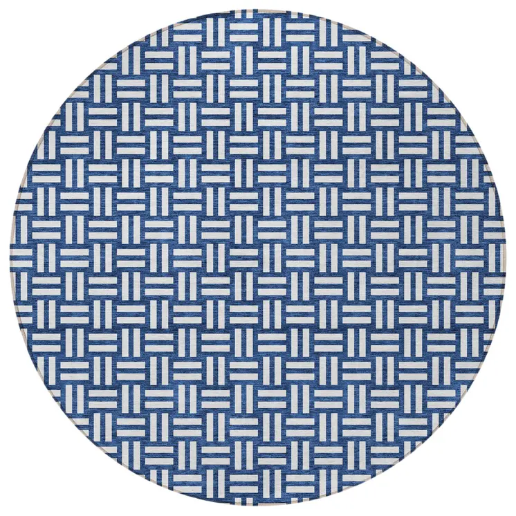 8' Navy Blue And Ivory Round Geometric Washable Indoor Outdoor Area Rug