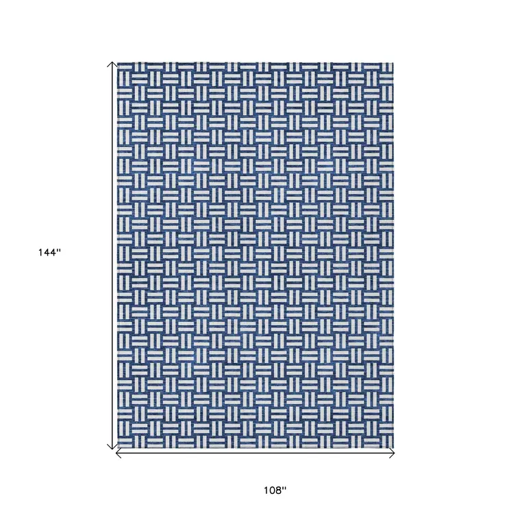 9' X 12' Navy Blue And Ivory Geometric Washable Indoor Outdoor Area Rug