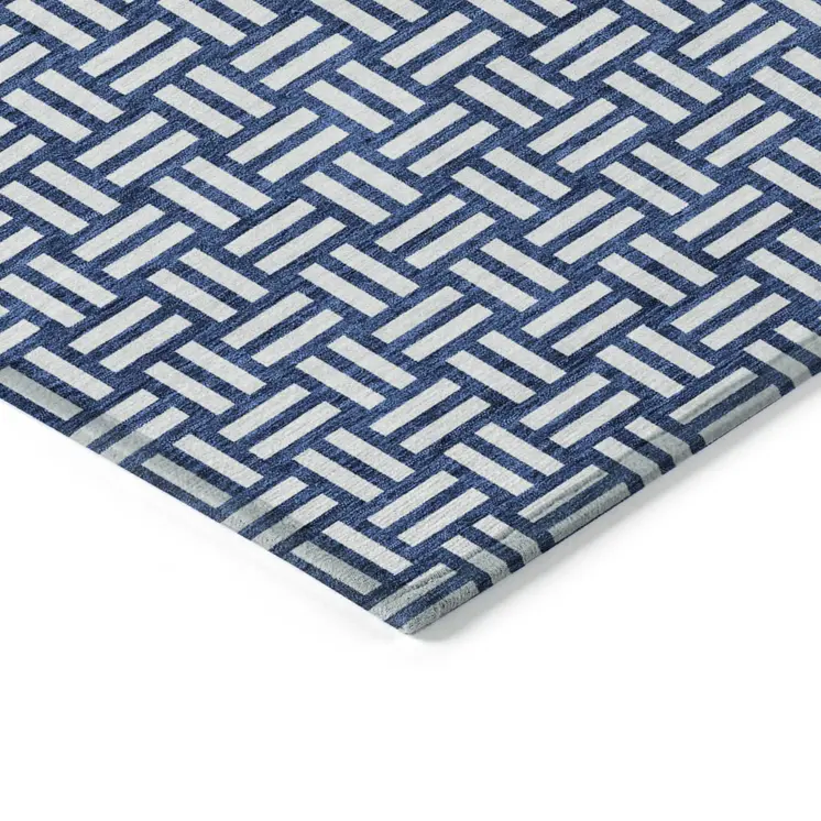 9' X 12' Navy Blue And Ivory Geometric Washable Indoor Outdoor Area Rug