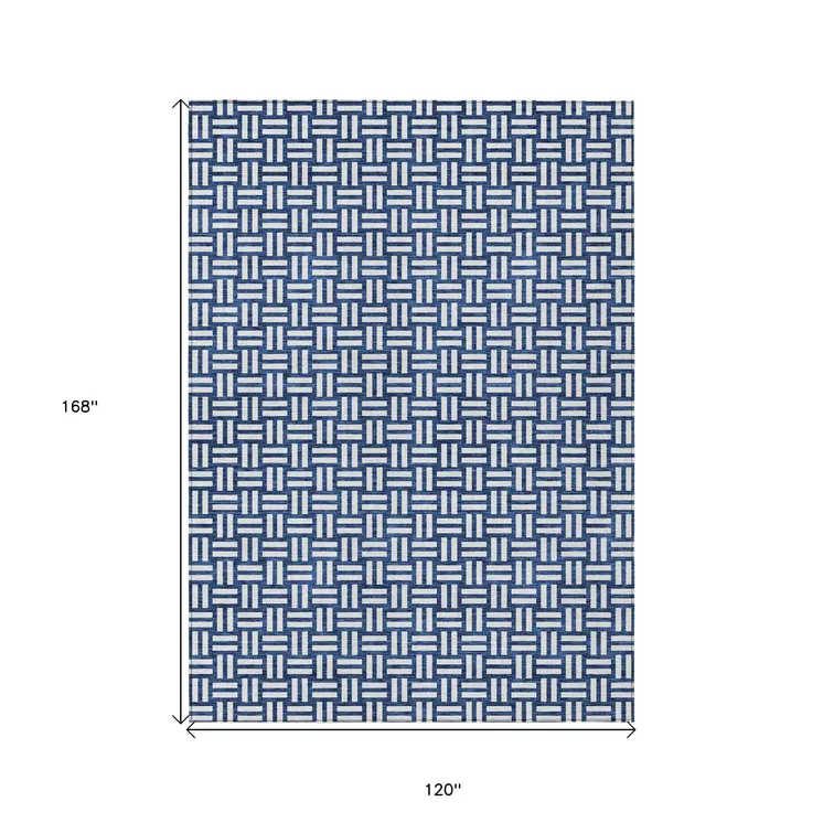 10' X 14' Navy Blue And Ivory Geometric Washable Indoor Outdoor Area Rug
