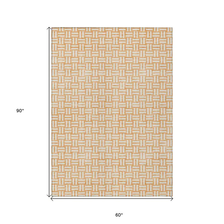 5' X 8' Peach And Gray Geometric Washable Indoor Outdoor Area Rug