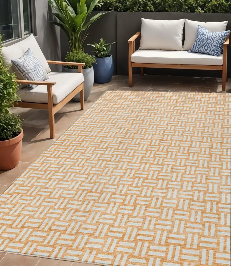 5' X 8' Peach And Gray Geometric Washable Indoor Outdoor Area Rug