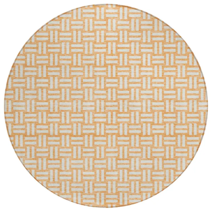 8' Peach And Gray Round Geometric Washable Indoor Outdoor Area Rug